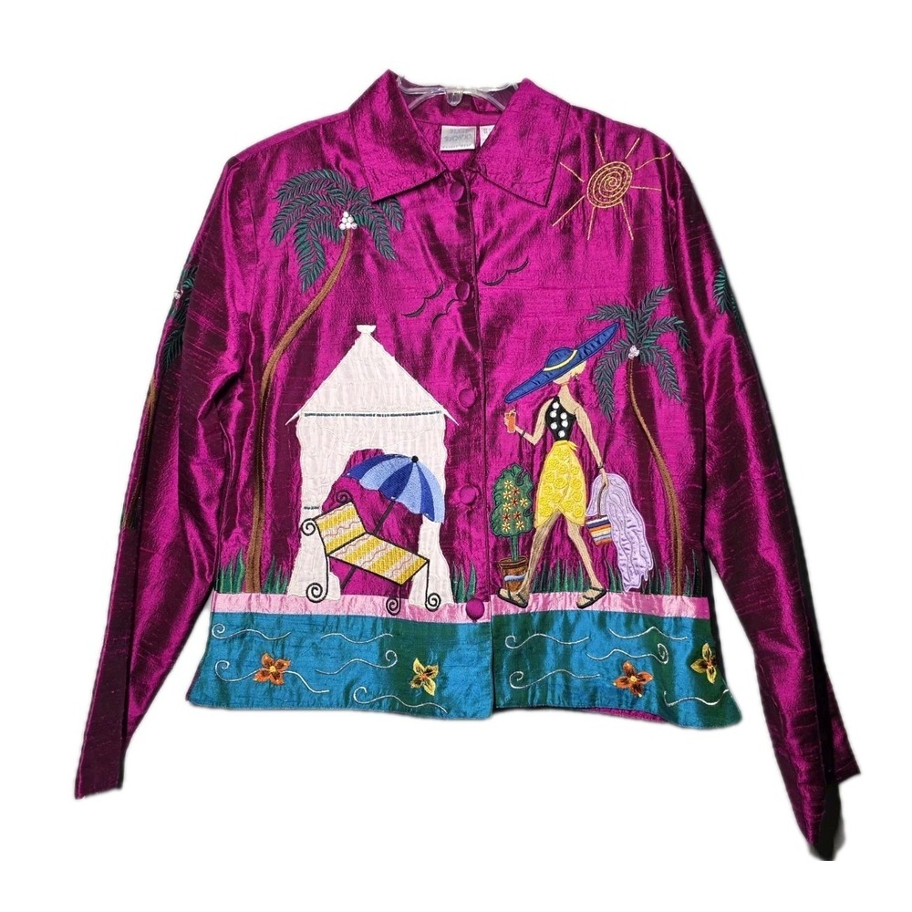 BLEU BAYOU SZ M. Fuchsia SILK Button-Up VACATION ART-TO-WEAR Embroidered JACKET